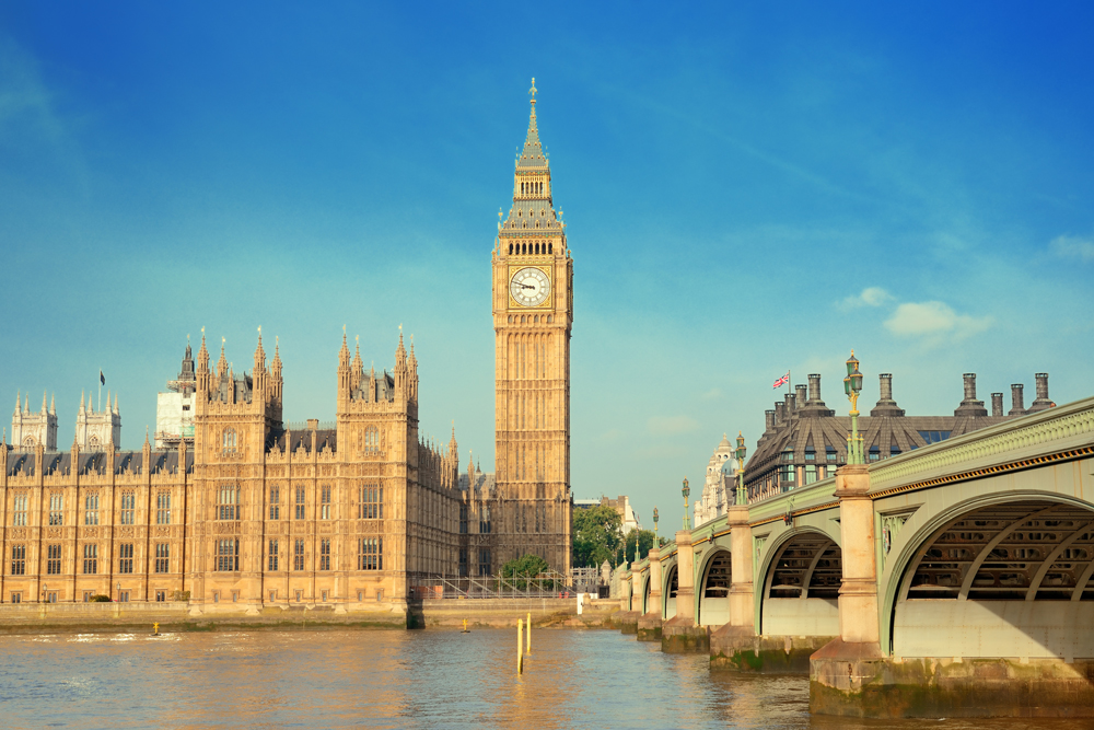 Big Ben and House of Parliament in London panorama over Thames River