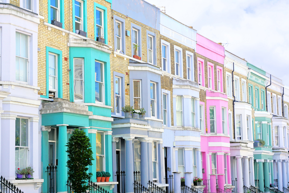 Beautiful and colorful pastel houses of Notting Hill, London, England